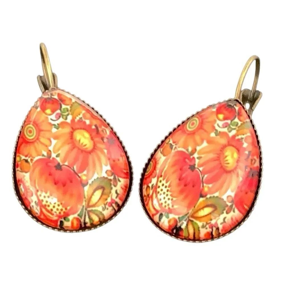 Red Mandala DropâEarrings Bronze Tone